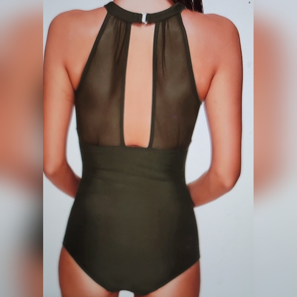 NWOT HOT SEXY MESH INSET RUCHED SWIM BATHING SUIT HIGH NECK SMALL - Picture 2 of 11